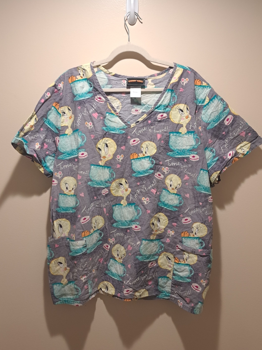 Tweety Bird In Teacup Womens Scrubs Top - Gray with Teal Accents